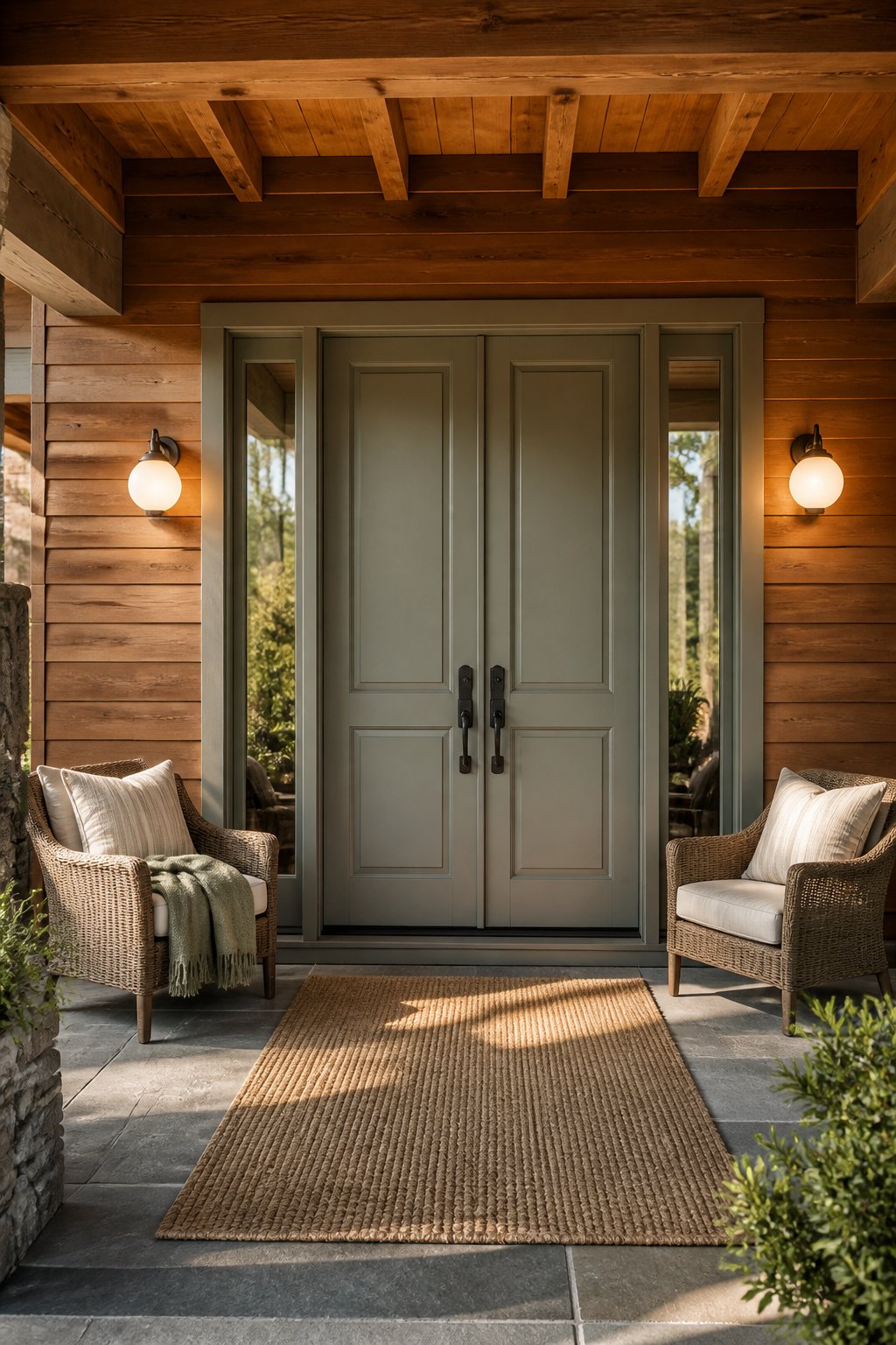 Covered home entry with sage-green double doors, cedar siding, lounge chairs, and glowing wall sconces.