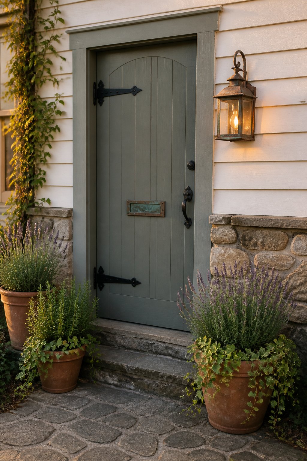 A cottage entrance with a sage-gray door, stone and white siding, copper fixtures, and potted herbs and ivy.