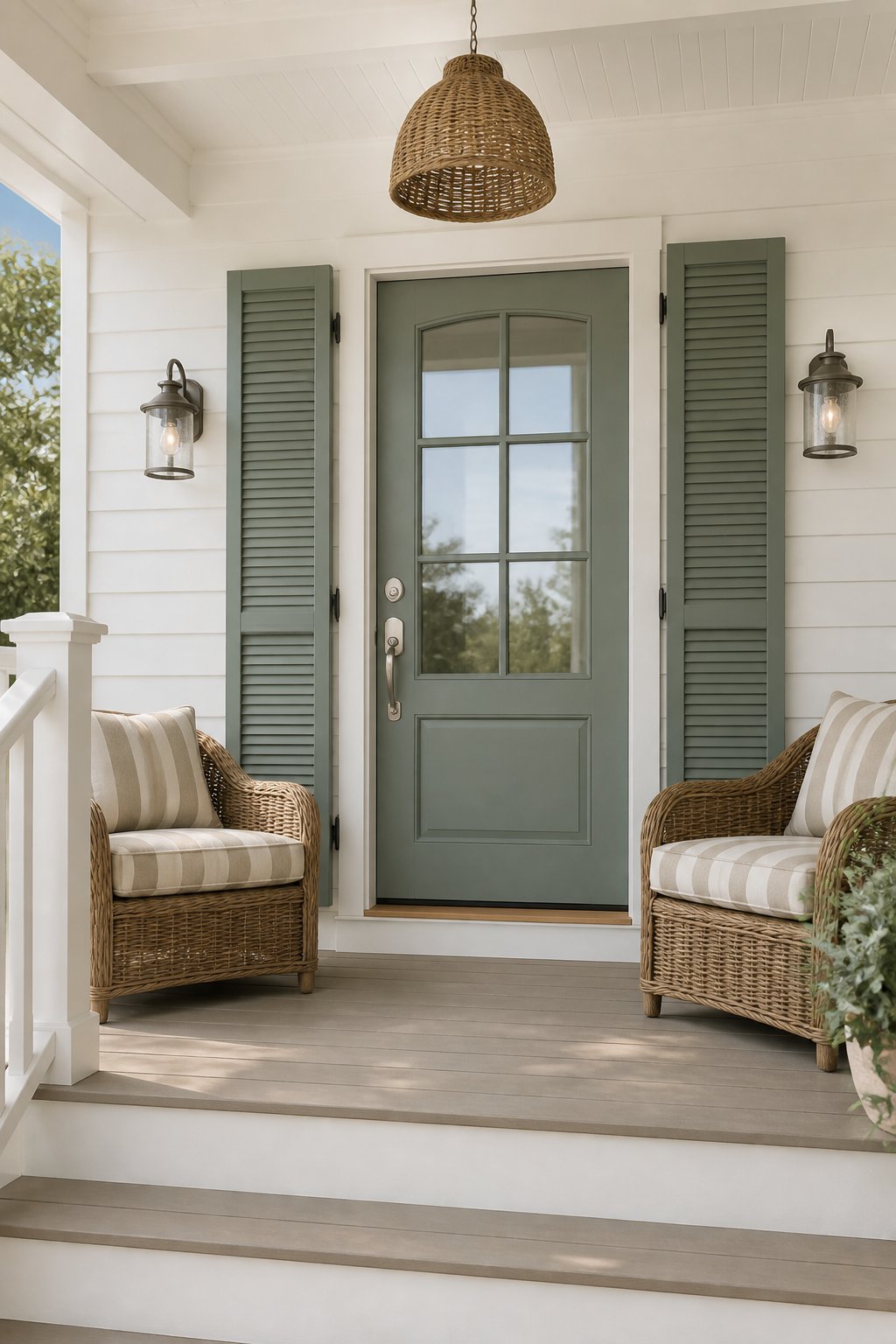 A bright coastal porch with a sage-gray front door, white siding, wicker chairs, striped cushions, and woven lighting.