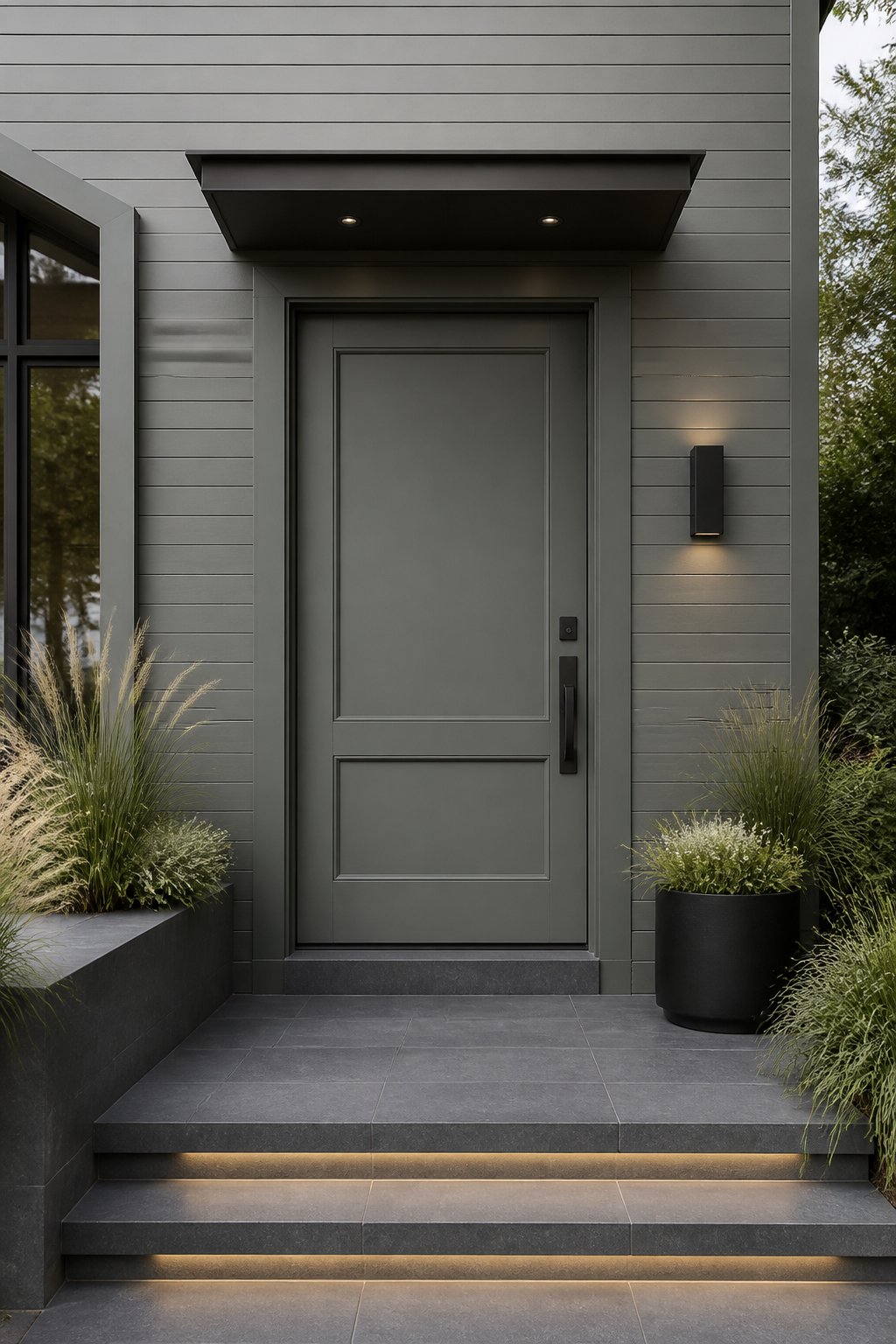 A contemporary green-gray home entrance with a front door, planters, grasses, stone steps, and warm step lighting.