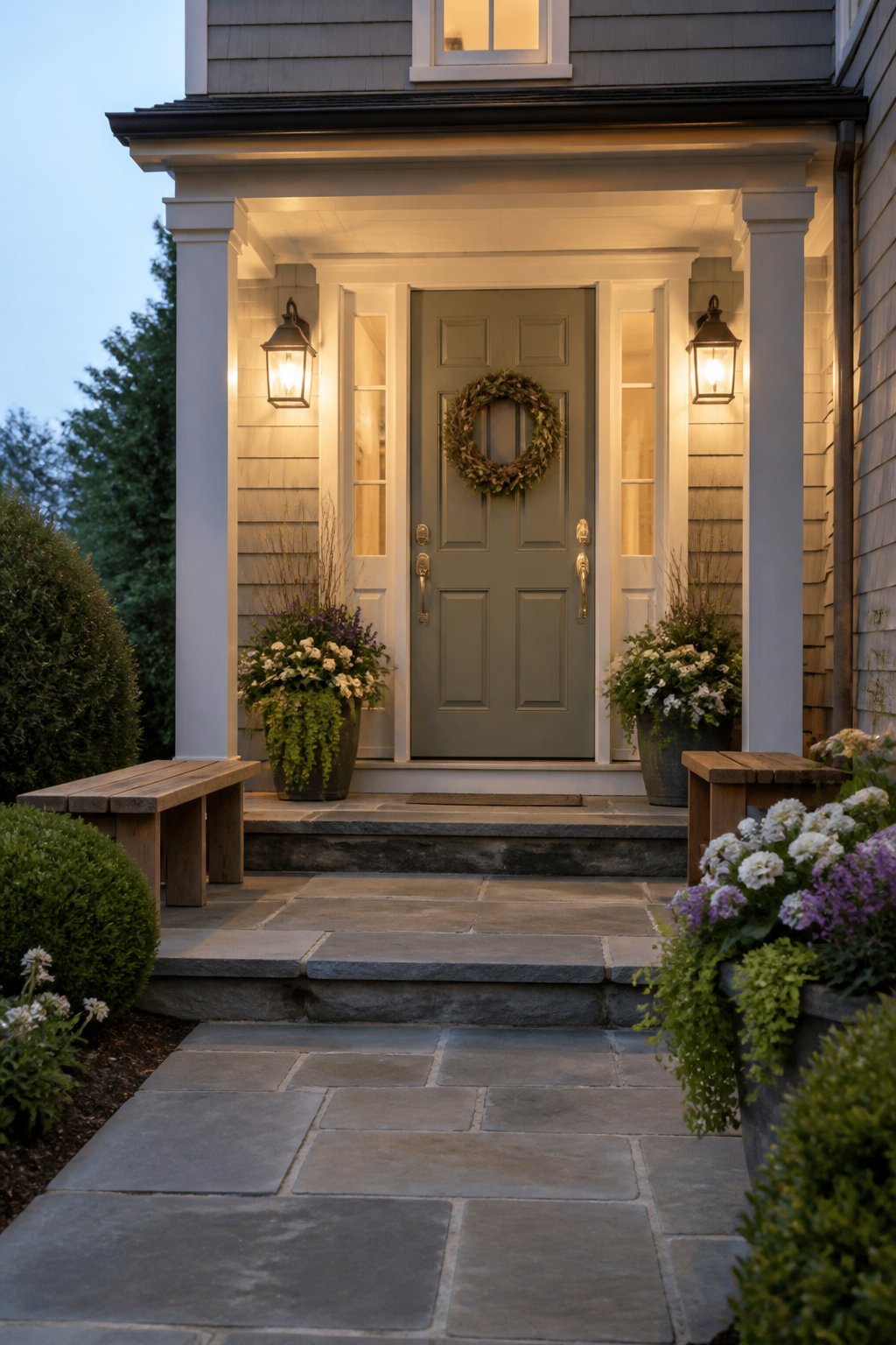 A welcoming home entry with a sage-gray front door, planters, benches, a wreath, and glowing wall lanterns.