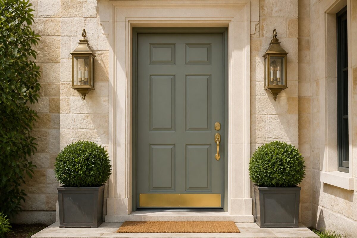 A classic home entry with a muted green paneled door, limestone walls, brass fixtures, boxwood planters, and a coir doormat.