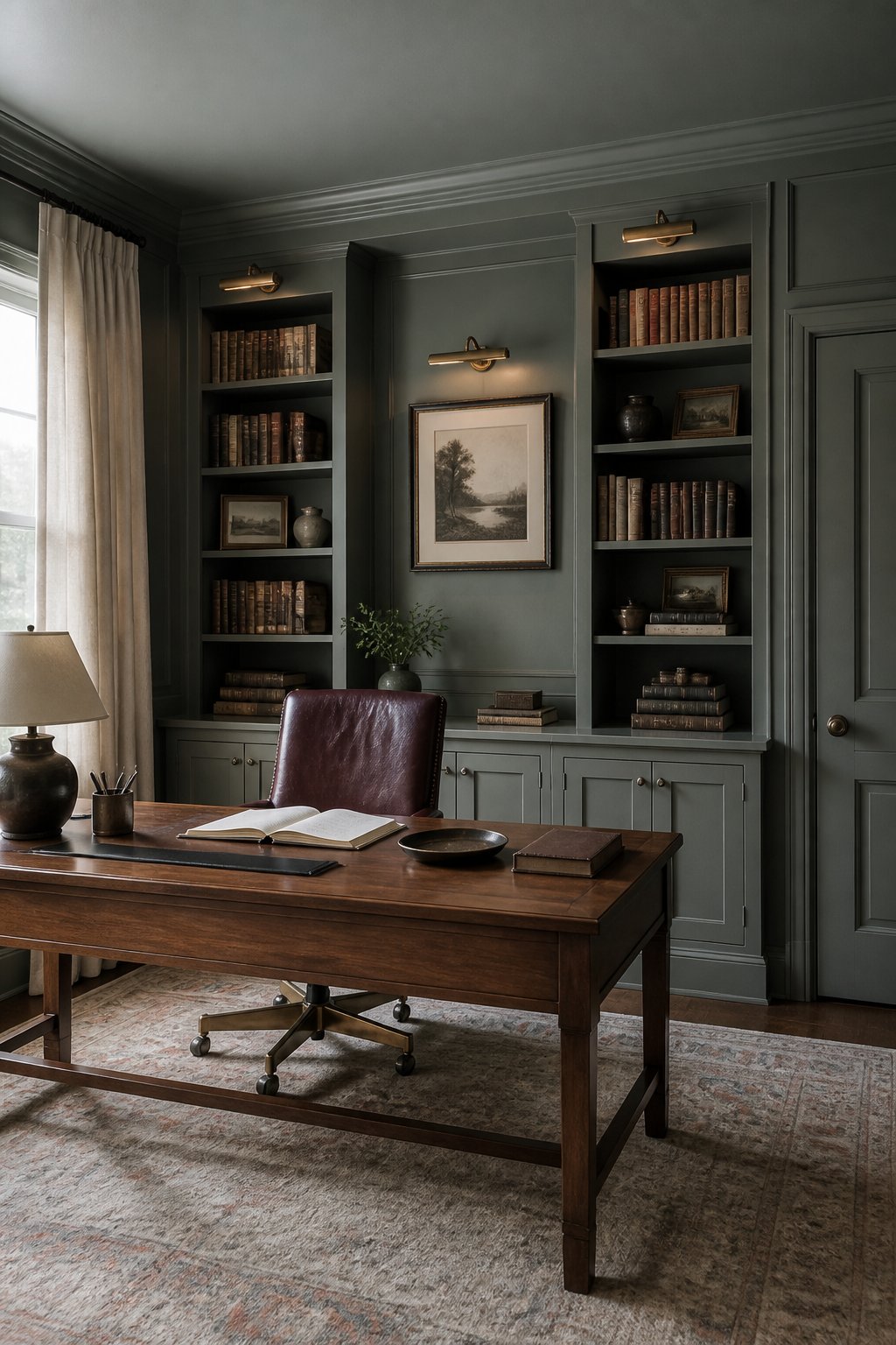 A refined home library office with deep gray-green walls, a walnut desk, an oxblood leather chair, bookshelves, curtains, and warm lighting.