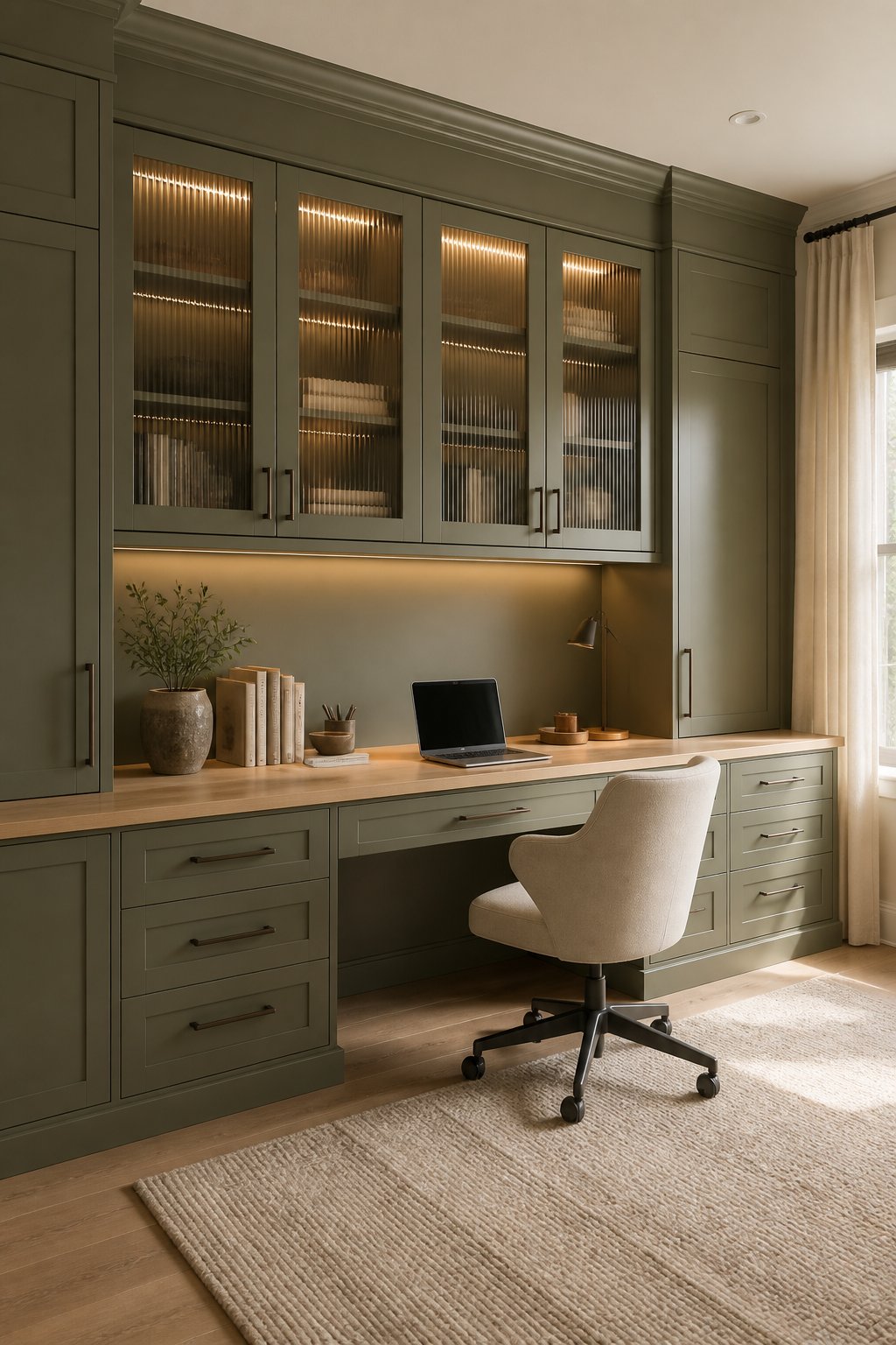 A home office with gray-green built-in cabinets, reeded-glass doors, a white oak desk, a cream chair, and warm shelf lighting.