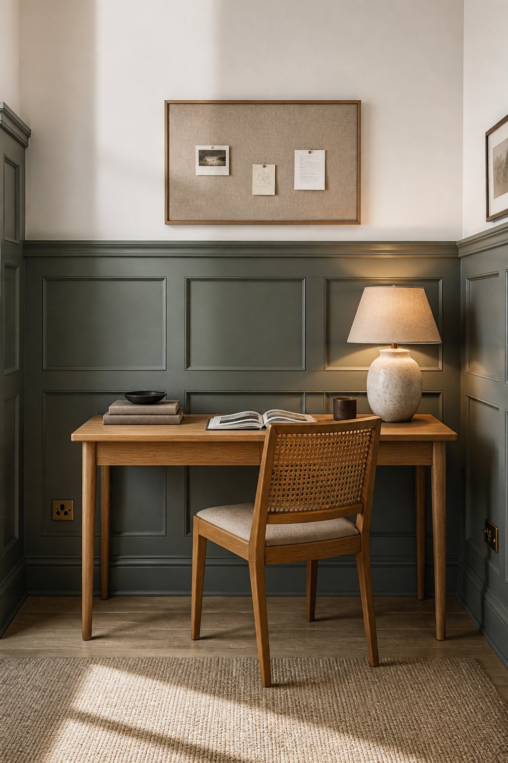 A home office with gray-green paneled wainscoting, an oak desk, a cane chair, a pinboard, and a table lamp.
