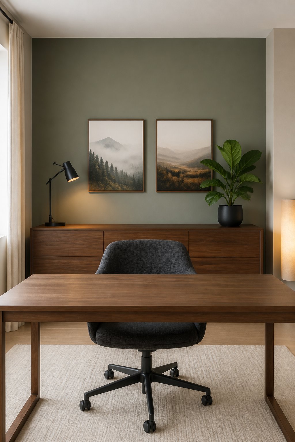A modern home office with a muted gray-green accent wall, walnut credenza, landscape prints, black lamp, broad-leaf plant, charcoal chair, and ivory rug.