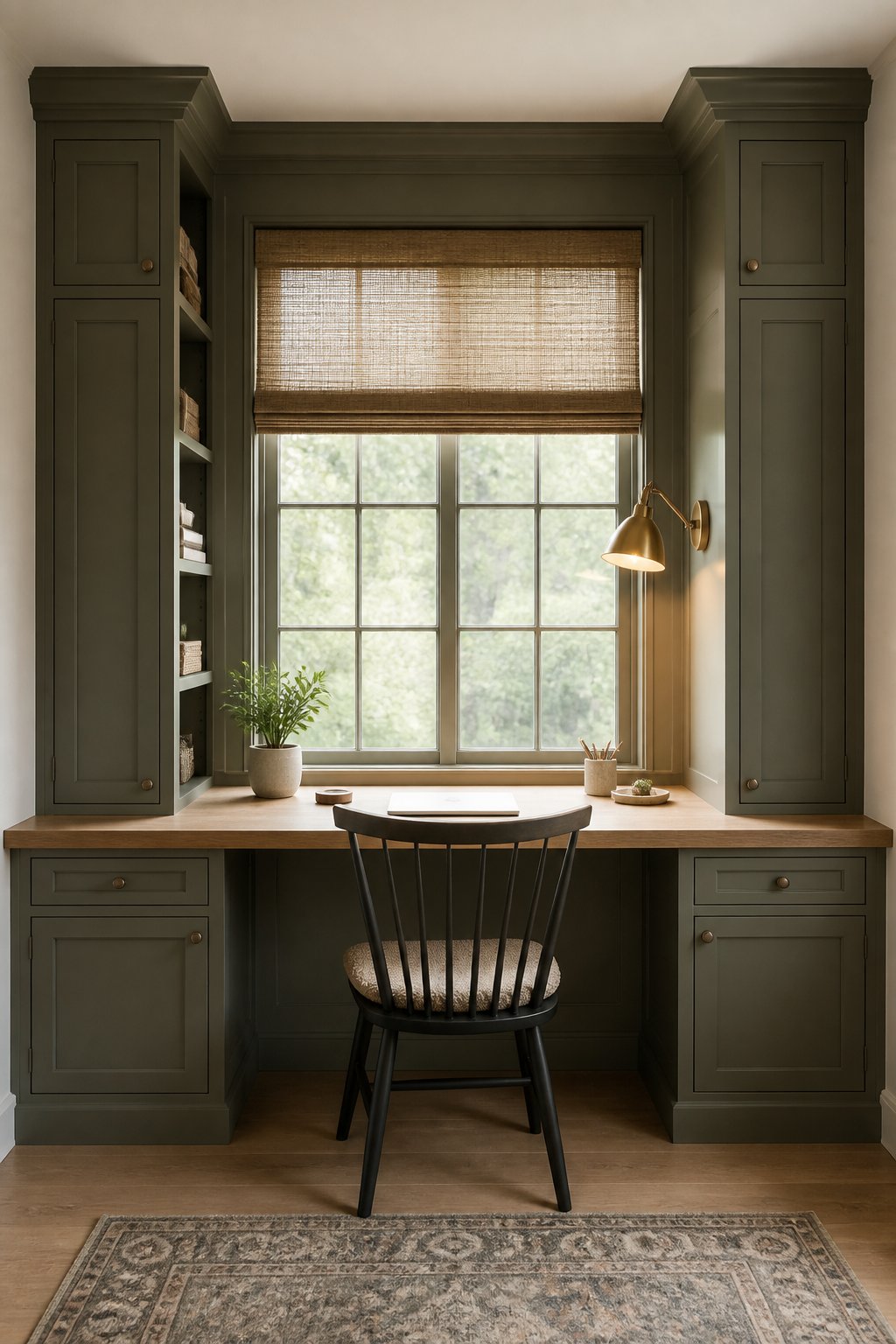 A compact home office with gray-green cabinets, a maple desk, a chair, a window shade, and a brass wall sconce in a bay window.