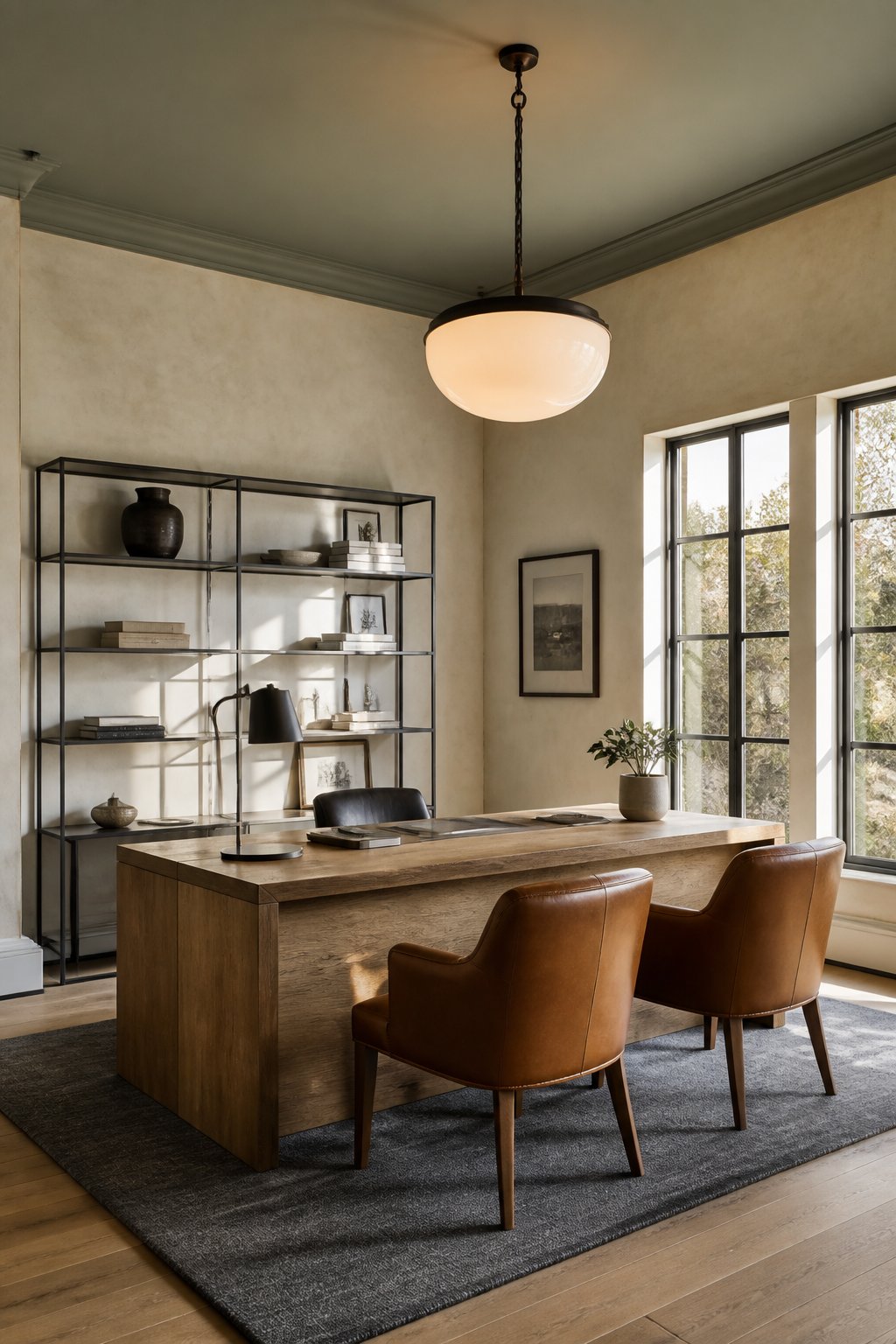A tall home office with gray-green ceiling, pale plaster walls, an oak desk, leather chairs, shelving, a rug, and a glowing pendant light.