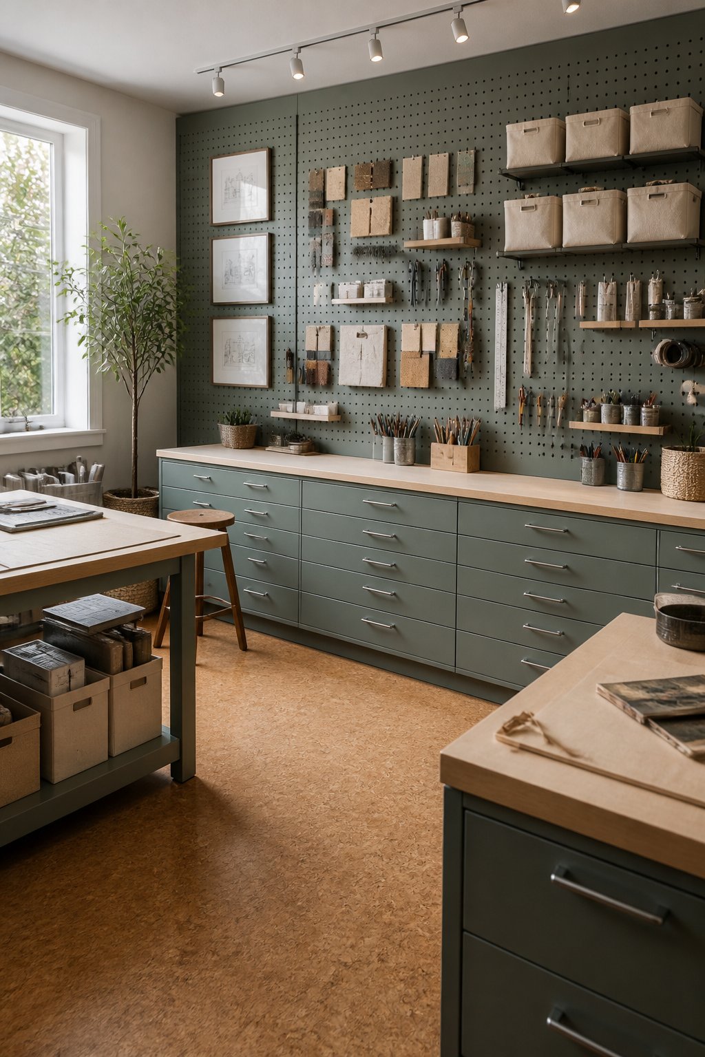 An organized creative studio with a gray-green pegboard wall, birch worktables, storage drawers, tools, material samples, and framed sketches.