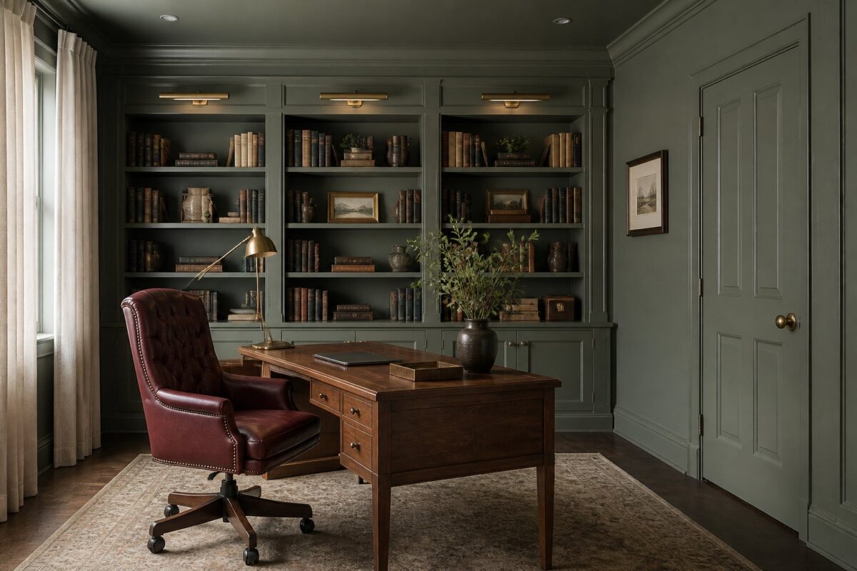 A refined home library office with gray-green walls, a walnut desk, leather chair, bookshelves, curtains, and warm lighting.