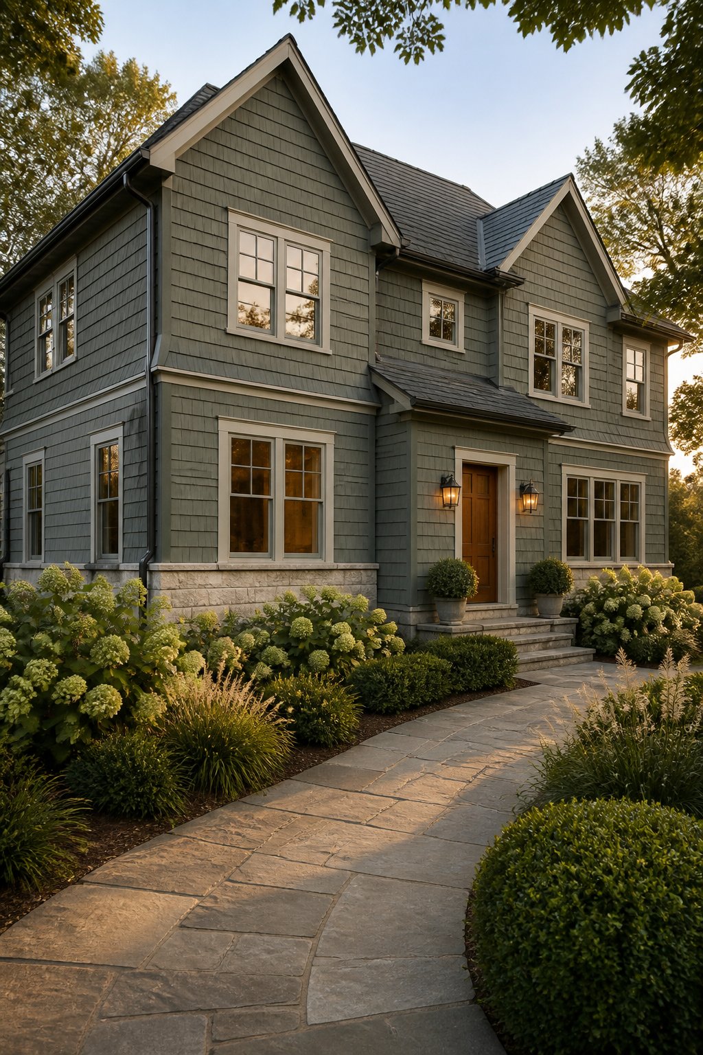 A two-story gray-green traditional house with limestone foundation, white-trimmed windows, a wood front door, landscaping, and a stone walkway in warm evening light.