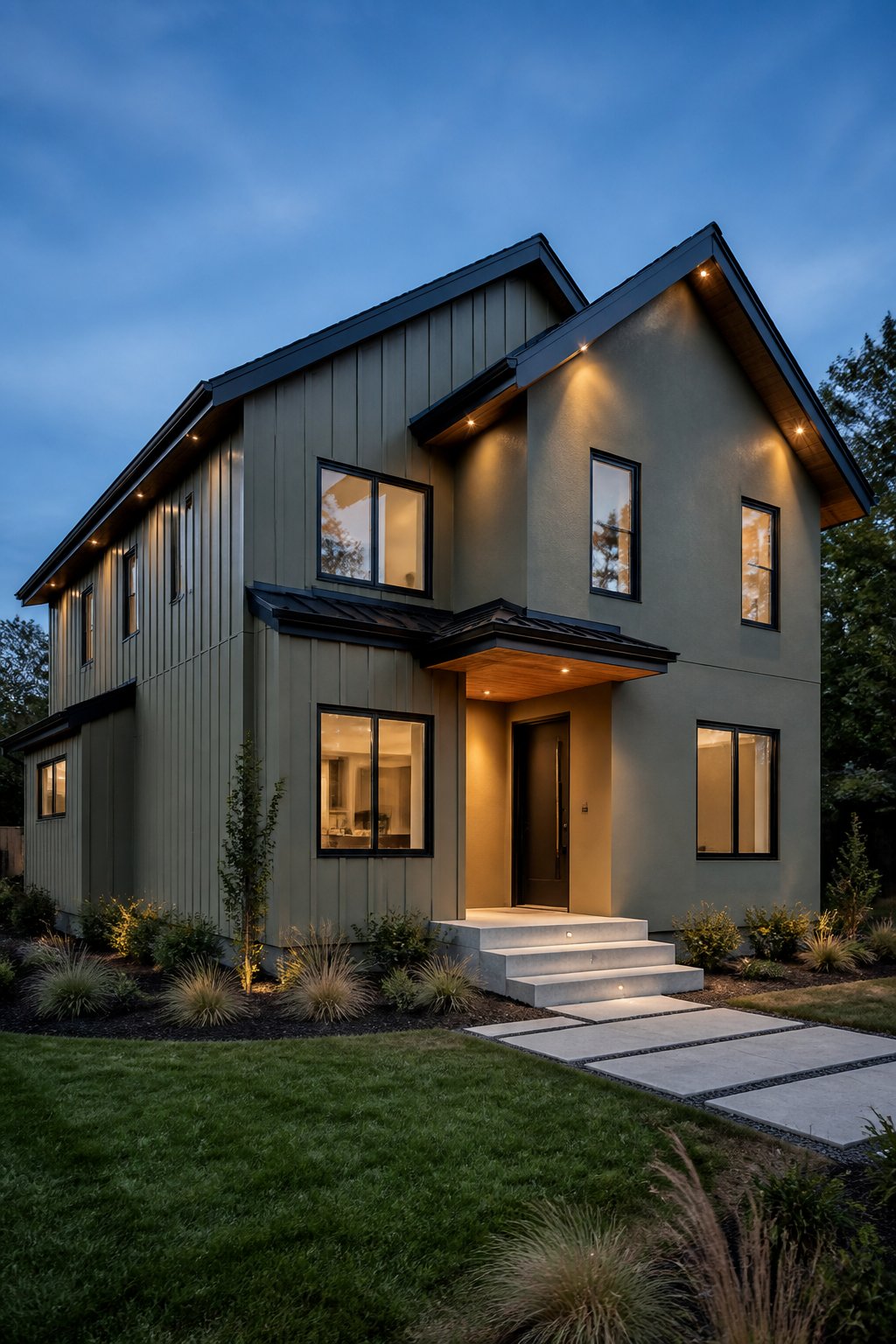A modern two-story gray-green home with black windows and a black roof, illuminated at dusk.