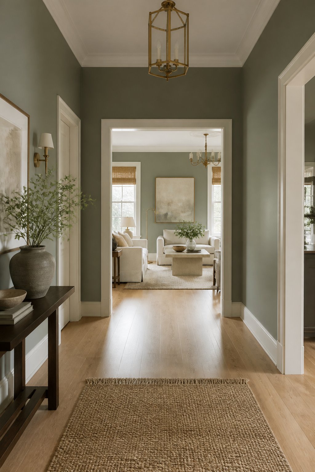 A gray-green entry hallway opens into a bright living room with a cream sofa, white oak floors, brass lighting, and woven window shades.