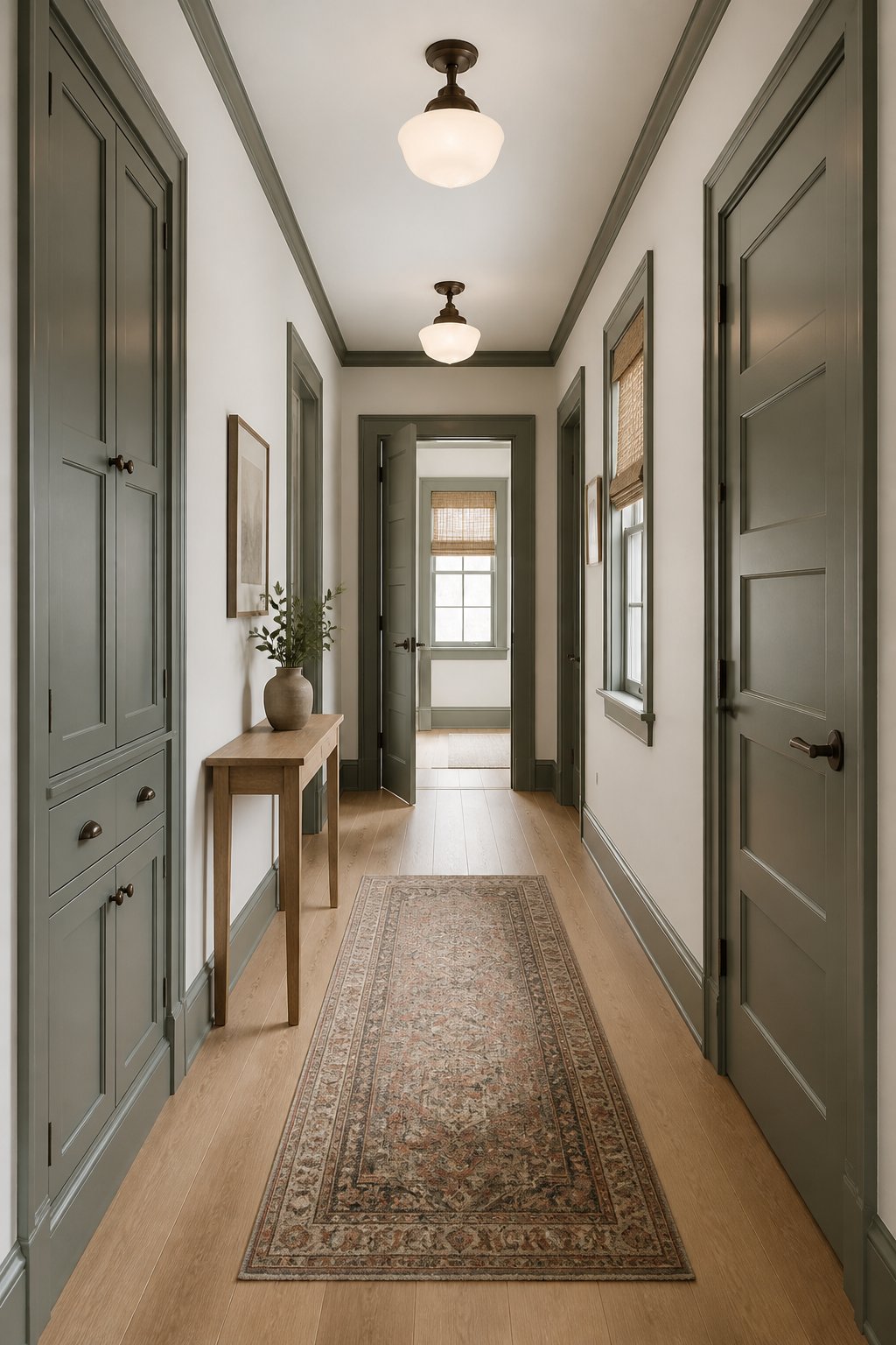 A light-filled hallway with gray-green paneled doors and cabinetry, white walls, oak flooring, bronze hardware, and a vintage runner.