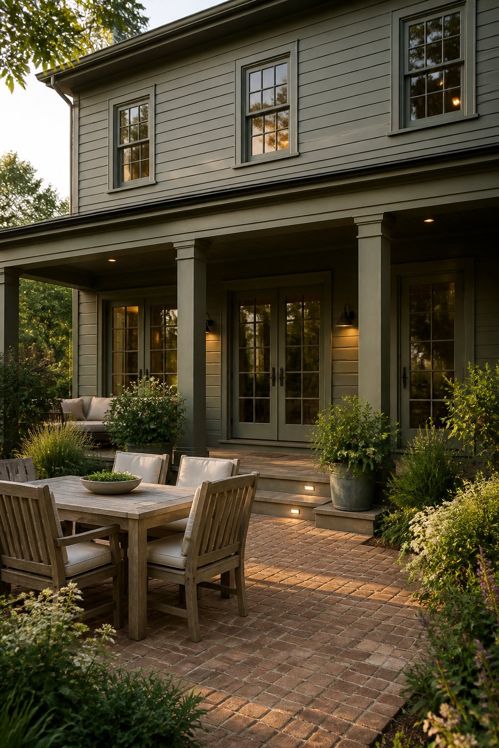 A gray-green clapboard house with French doors and a covered porch overlooking a leafy garden, furnished with a teak dining set on a brick patio.