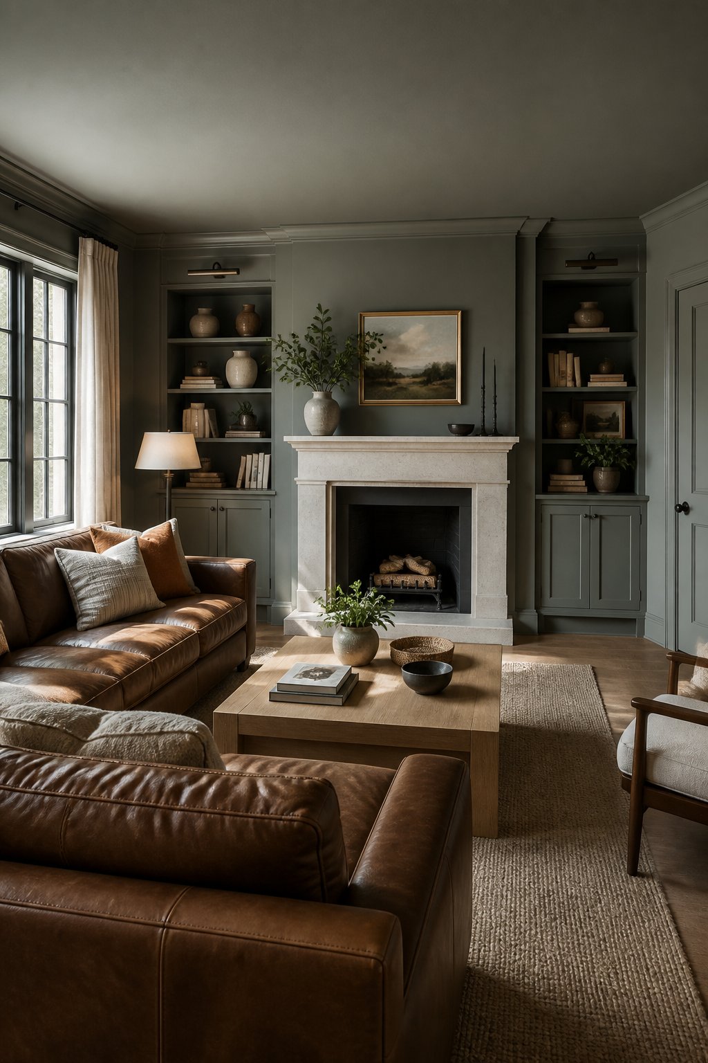 A warm family room with gray-green walls, a stone fireplace, a leather sectional, a wood coffee table, and soft afternoon light.
