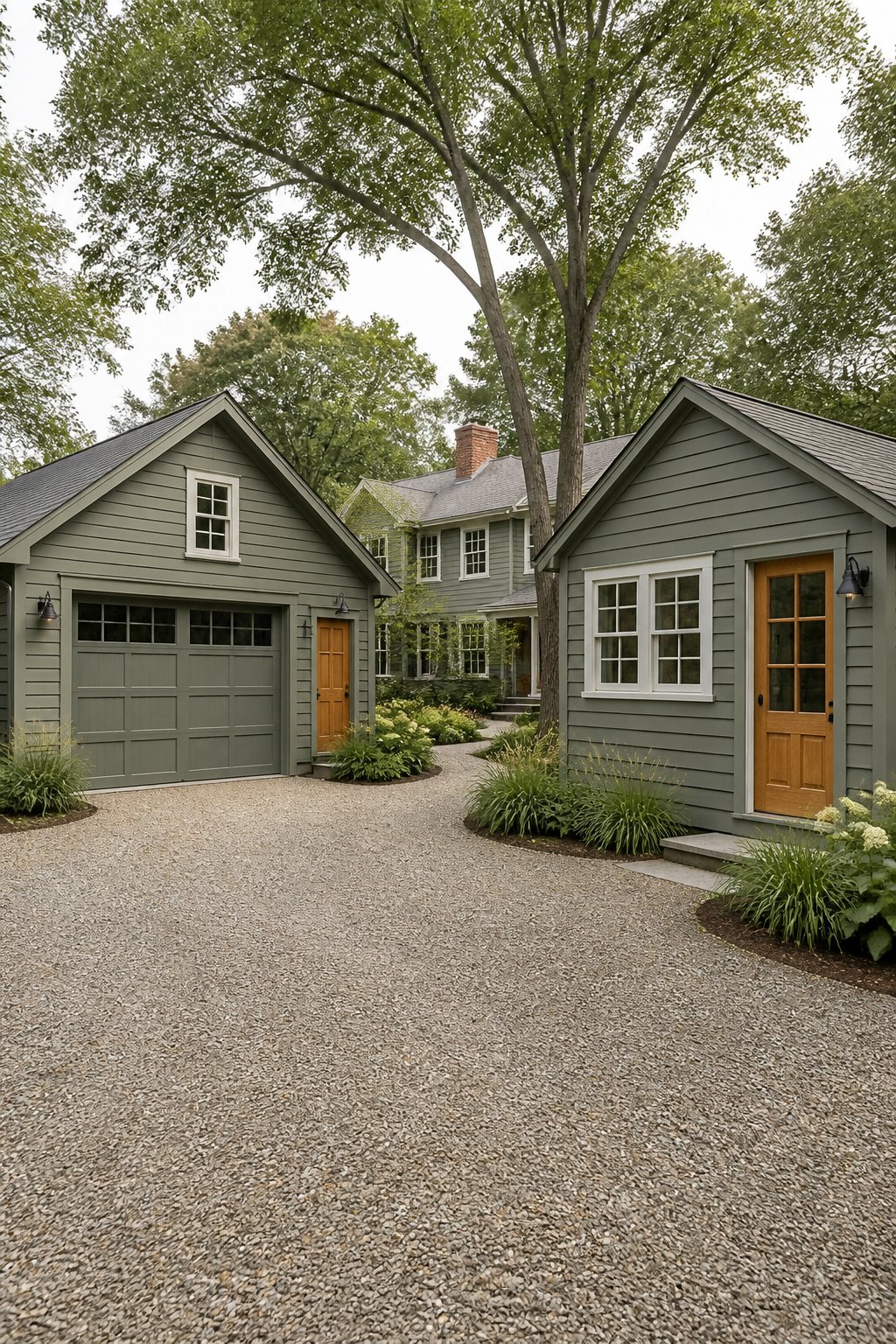 A gray-green detached garage and small garden studio connected by a gravel path in a landscaped courtyard, with trees and a traditional house in the background.