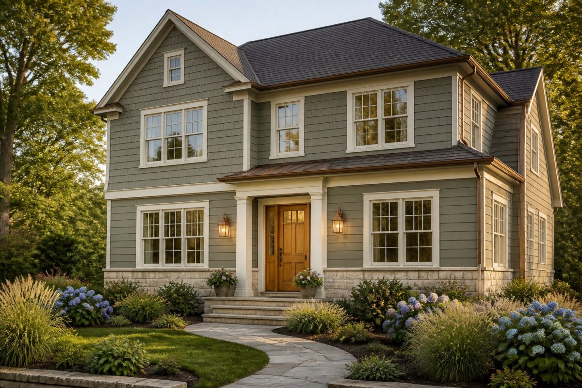 A two-story gray-green traditional house with limestone foundation, warm-white window trim, a wooden front door, landscaped gardens, and a stone walkway in golden-hour light.