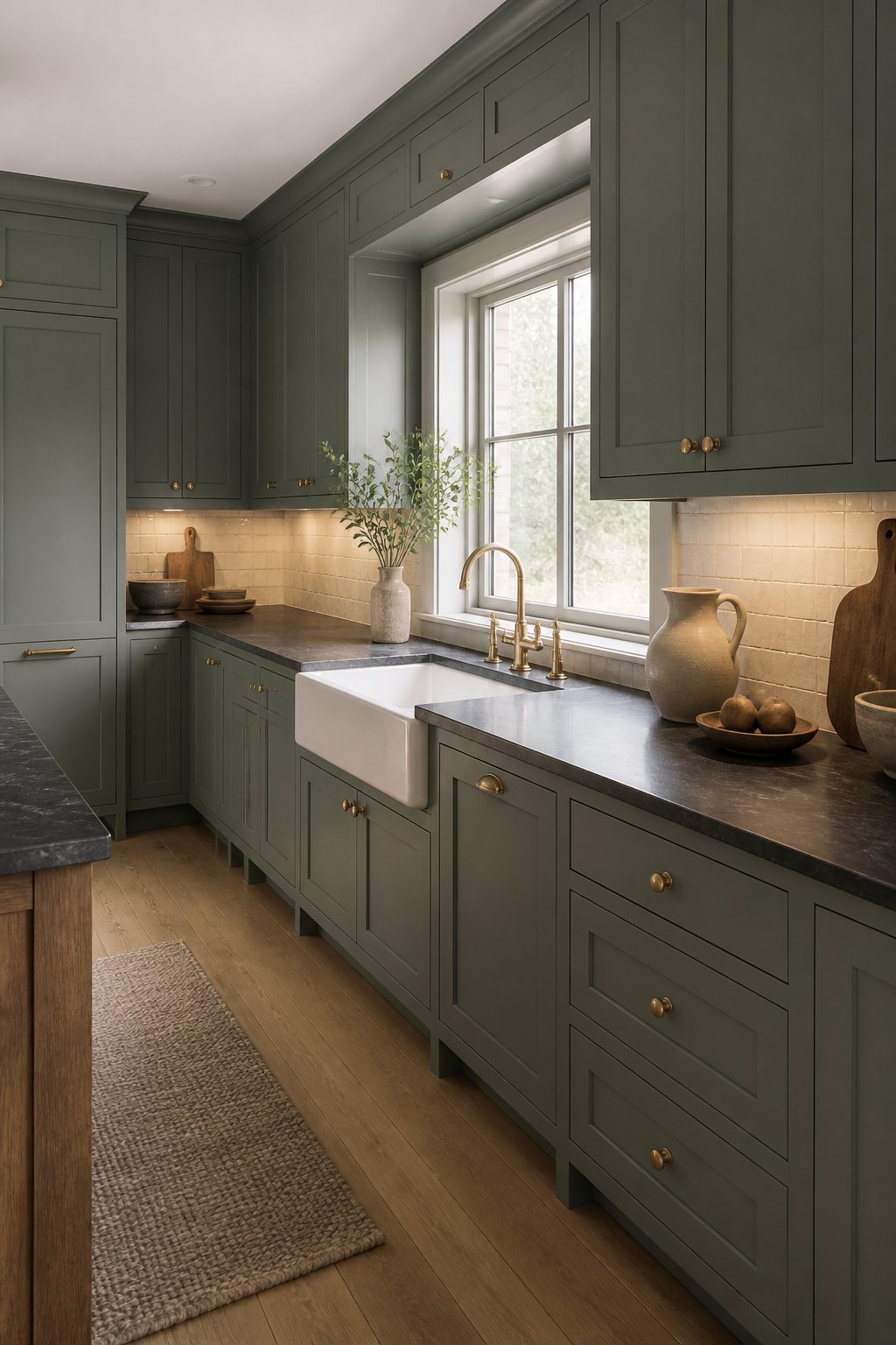 A tailored kitchen with muted gray-green Shaker cabinets, brass knobs, soapstone counters, a tiled backsplash, white oak floors, and a farmhouse sink by a window.