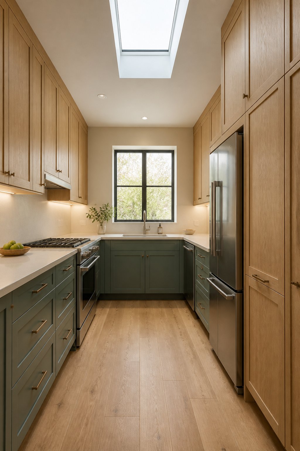 A narrow galley kitchen with gray-green lower cabinets, white oak upper cabinets, light countertops, stainless appliances, and oak flooring.