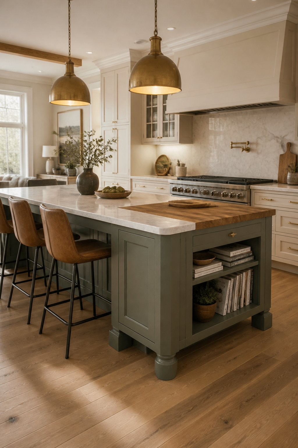 Open kitchen with a gray-green island, walnut worktop, three leather stools, white cabinets, marble counters, and hanging brass lights.