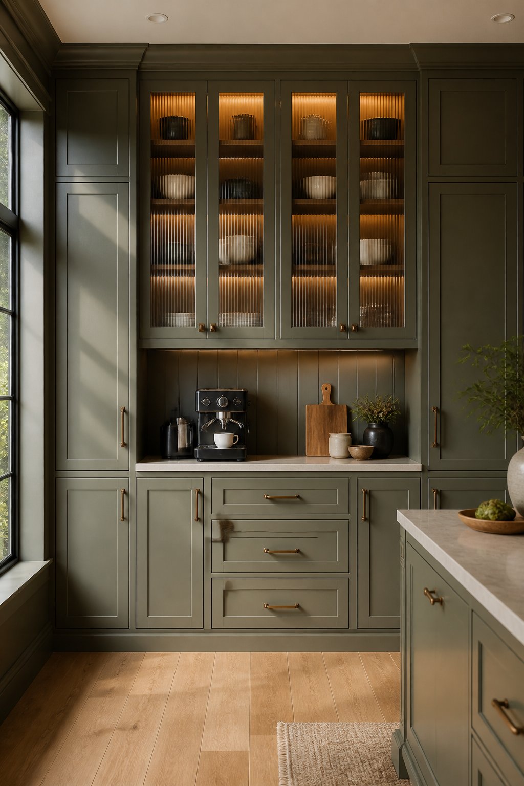 A tall gray-green kitchen pantry wall with glass-front cabinets, open shelving, a limestone counter, dishes, and a small coffee station.
