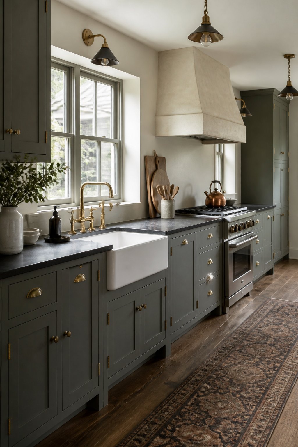 A gray-green kitchen with inset cabinets, a white farmhouse sink, dark countertops, brass fixtures, pendant lights, and a window.