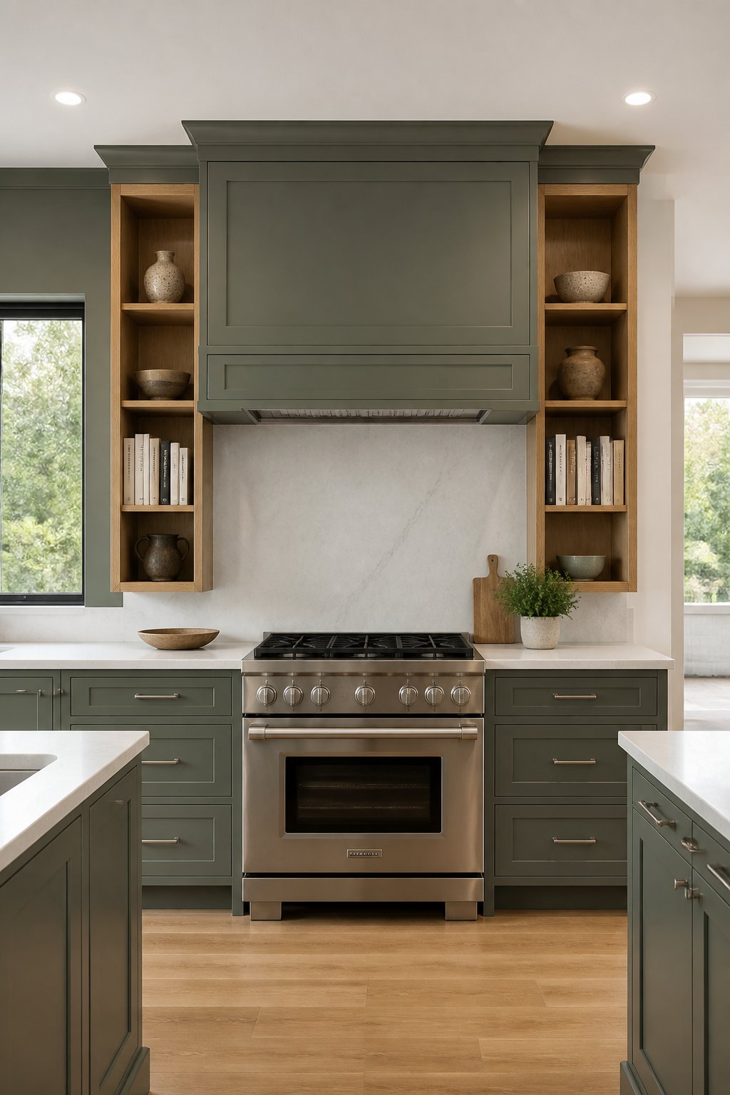 A transitional kitchen wall with gray-green cabinets, a paneled range hood, warm white stone counters and backsplash, stainless appliances, and open wood niches displaying books and pottery.