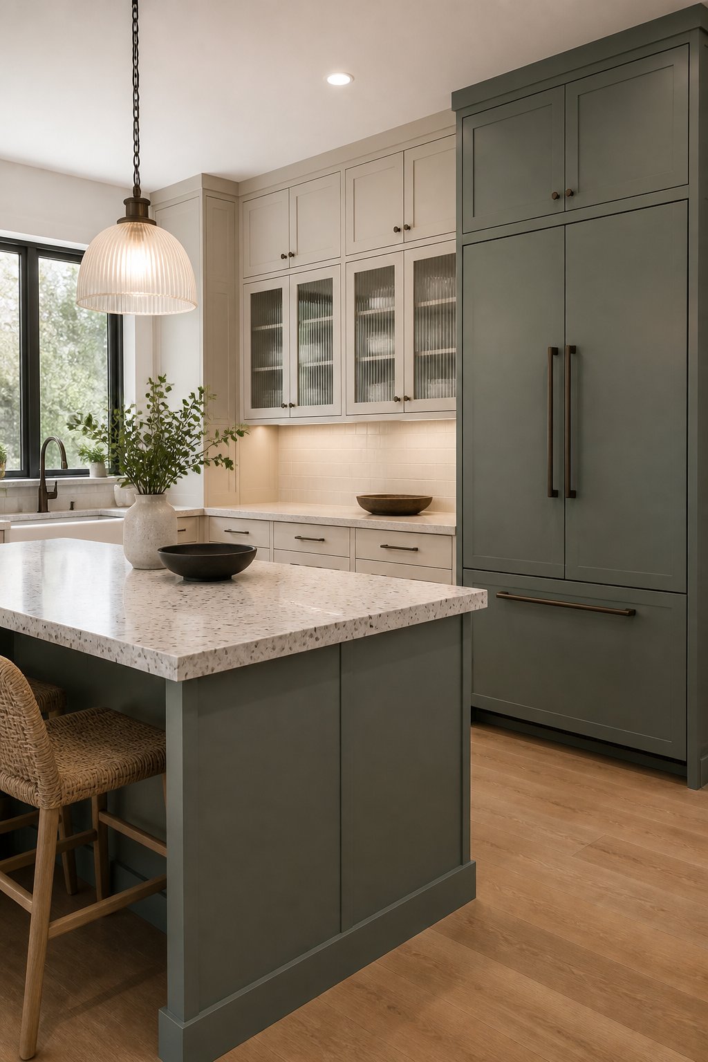 A contemporary kitchen with deep gray-green island and refrigerator cabinetry, pale putty cabinets, glass doors, terrazzo counters, oak flooring, and a pendant light.