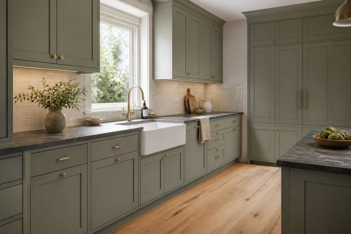 A tailored kitchen with muted gray-green Shaker cabinets, brass hardware, soapstone counters, a tiled backsplash, white oak floors, and a farmhouse sink beneath a window.