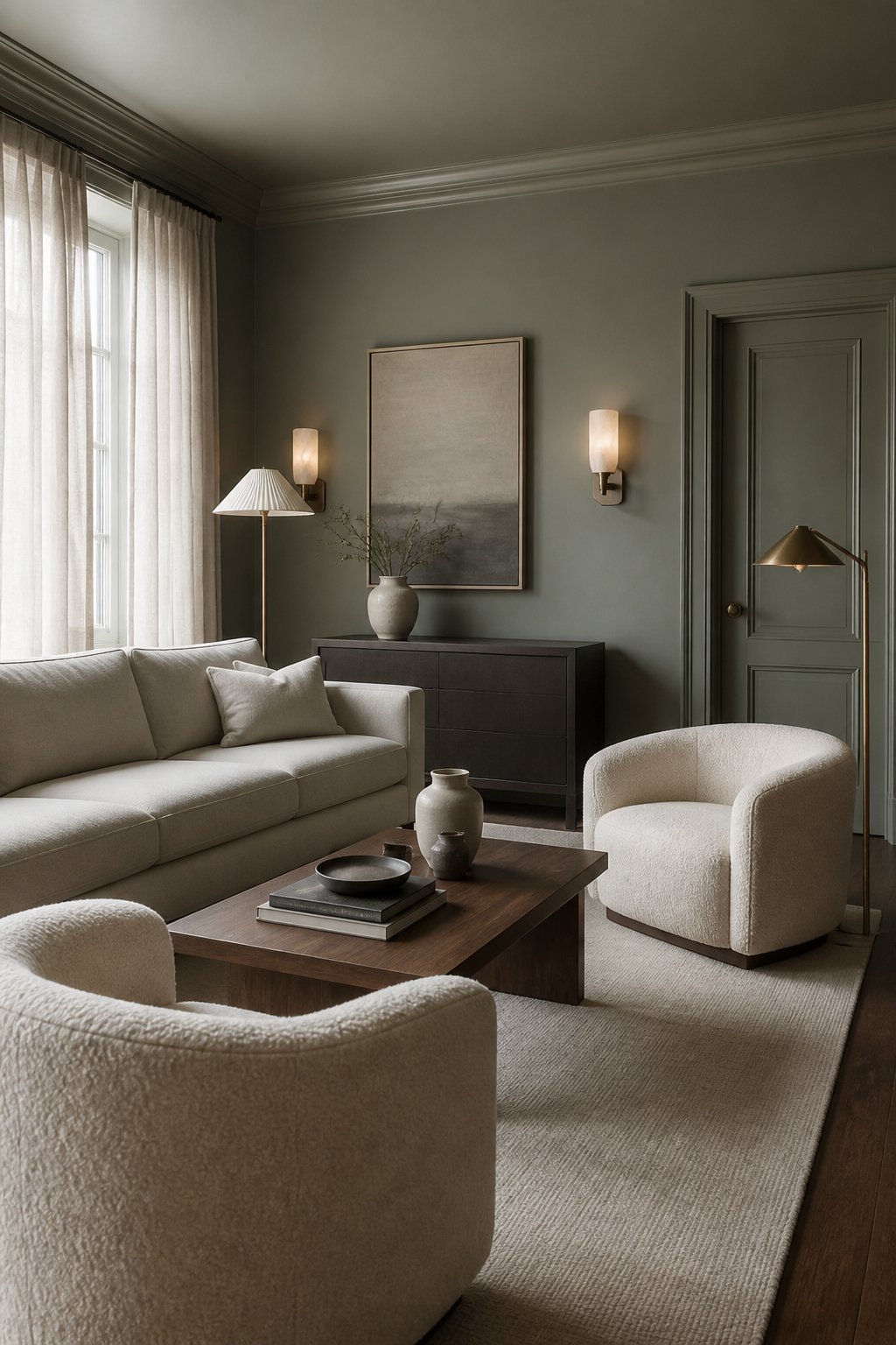 A serene living room with gray-green walls, a linen sofa, ivory lounge chairs, a pale rug, warm lamps, and full-height curtains.