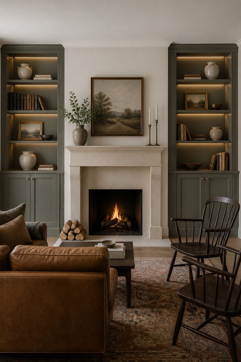 A living room with a limestone fireplace, gray-green built-in shelves, a sofa, two chairs, and a rust-colored rug.