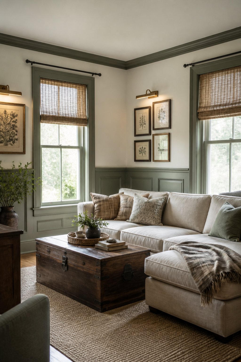A traditional living room with gray-green paneled walls, creamy upper walls, a linen sectional, framed botanical art, and two bright windows.