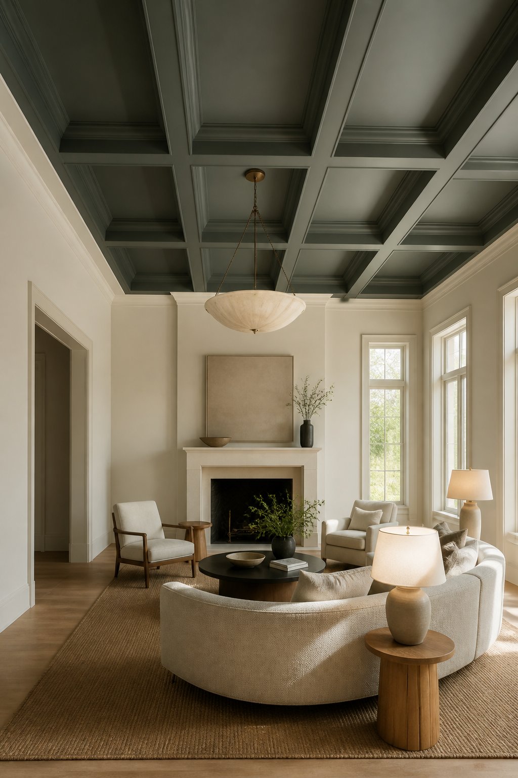 A tall living room with a muted gray-green coffered ceiling, off-white walls, a cream sofa, and warm sunlight.