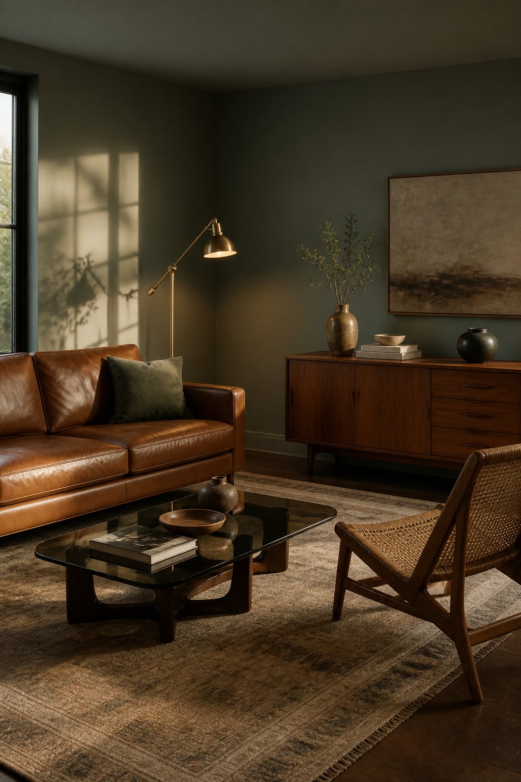 A sunlit living room with gray-green walls, a leather sofa, cane chair, walnut furniture, a glass coffee table, and a patterned rug.