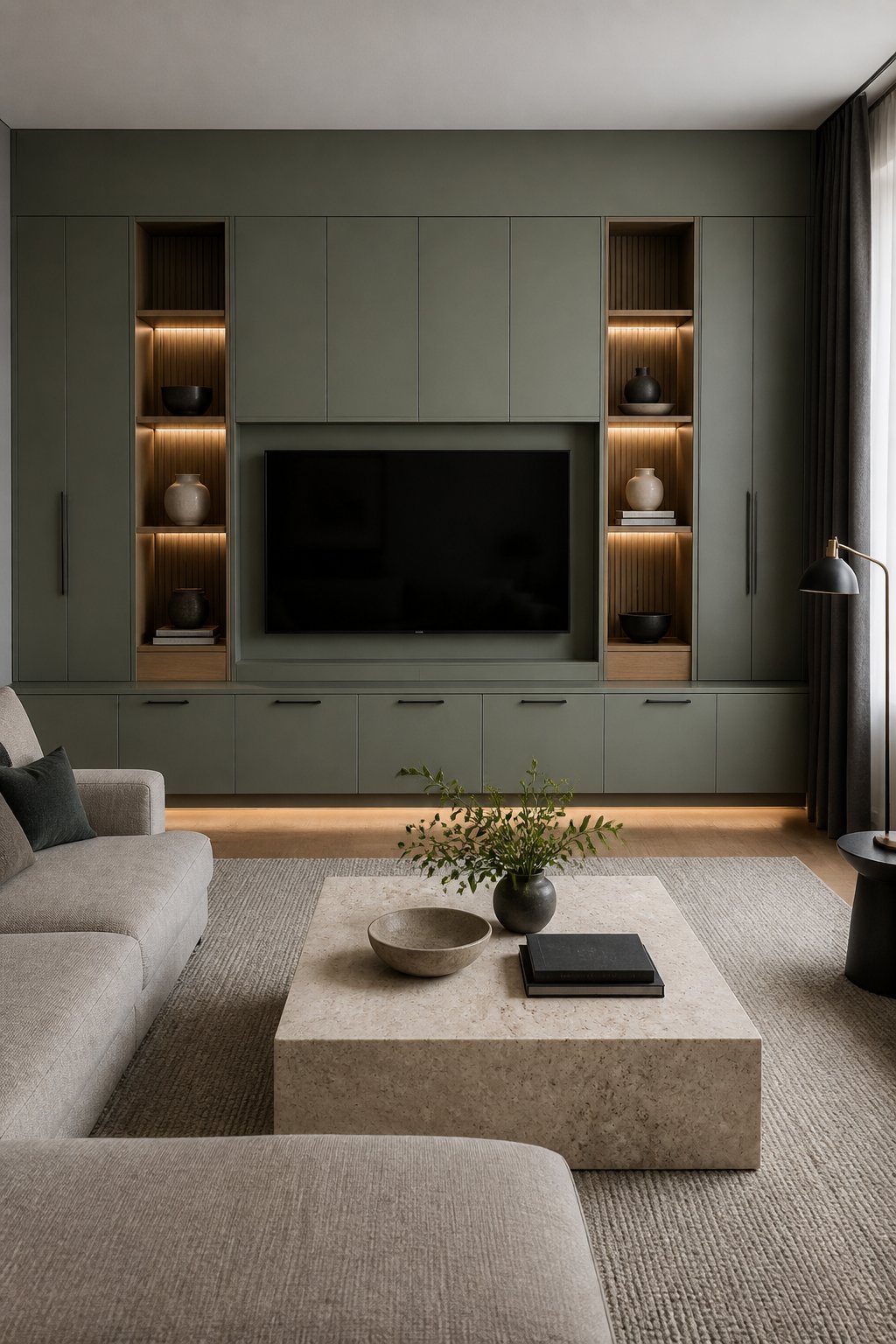 Contemporary living room with a gray-green built-in media wall, television, shelves, sofa, coffee table, and window drapes.