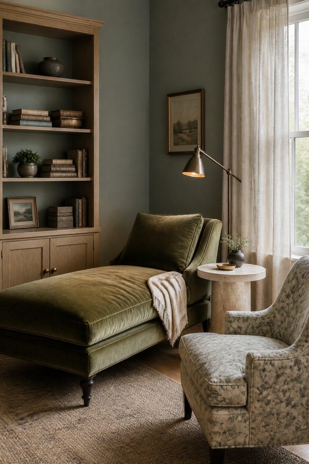 A cozy living room reading corner with a green chaise, patterned armchair, bookcase, side table, reading lamp, and sheer curtains.