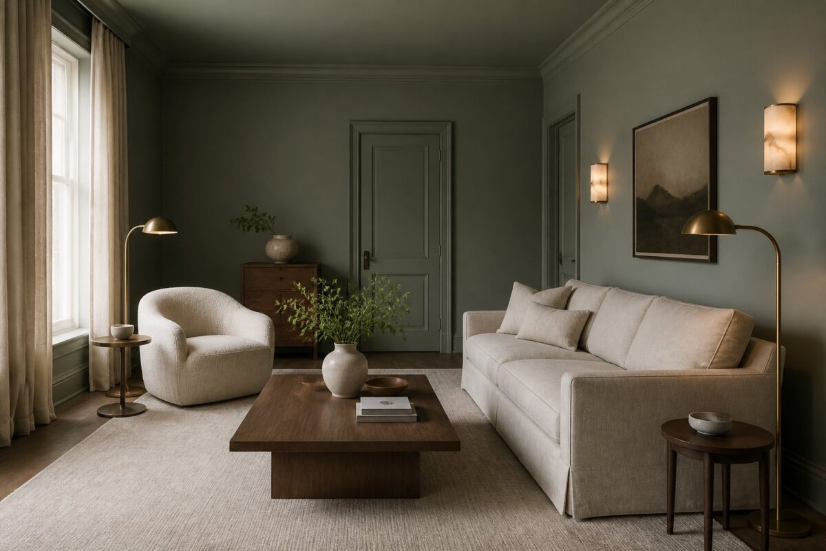 A serene gray-green living room with a linen sofa, ivory chairs, a pale rug, warm lighting, and full-height curtains.