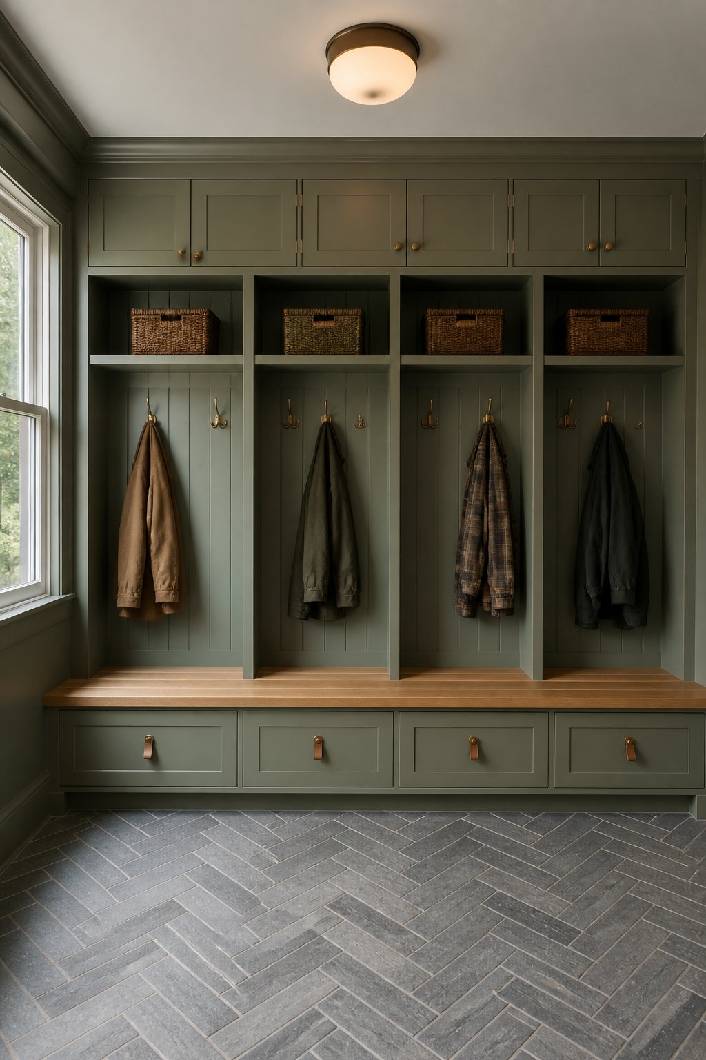 A gray-green mudroom storage wall with lockers, cubbies, cabinets, a wooden bench, baskets, coats, and a slate herringbone floor.