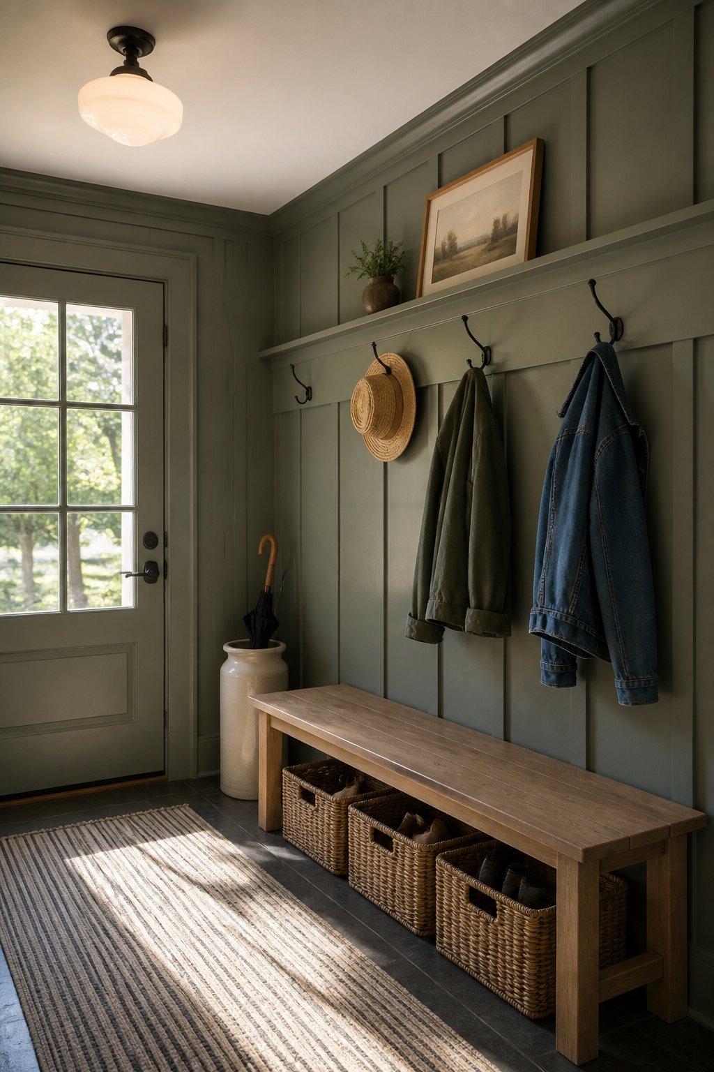 A compact mudroom with gray-green paneled walls, a white oak bench, baskets, coats, a hat, and a striped runner.