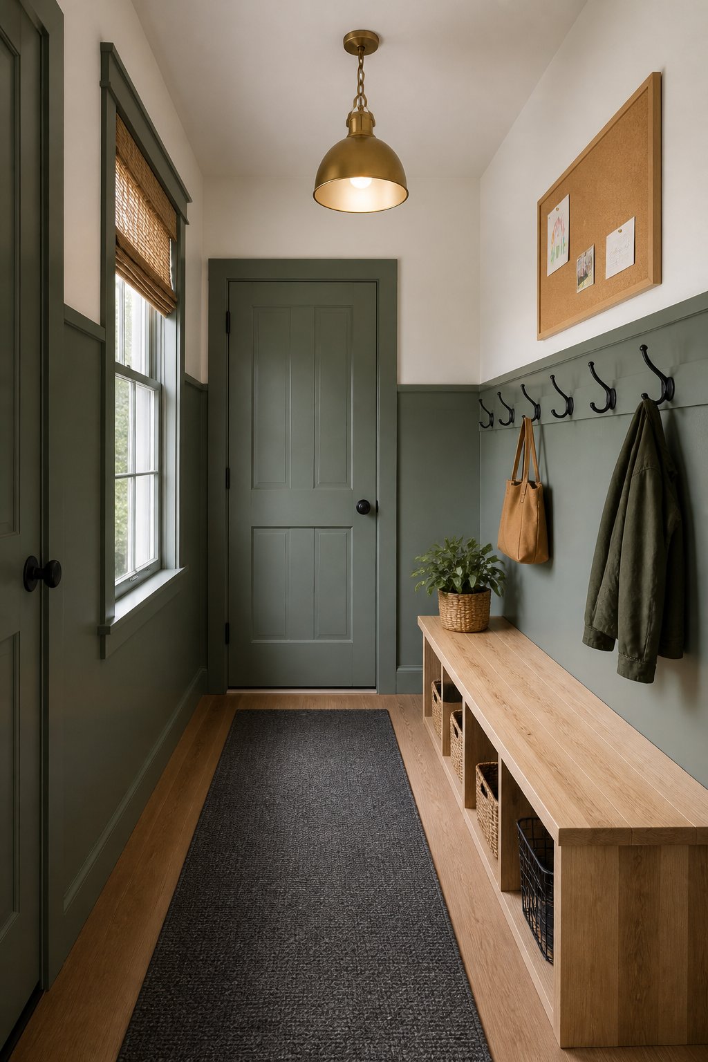 A narrow mudroom with gray-green lower walls, warm white upper walls, a maple bench, hooks, baskets, a runner, and a window shade.