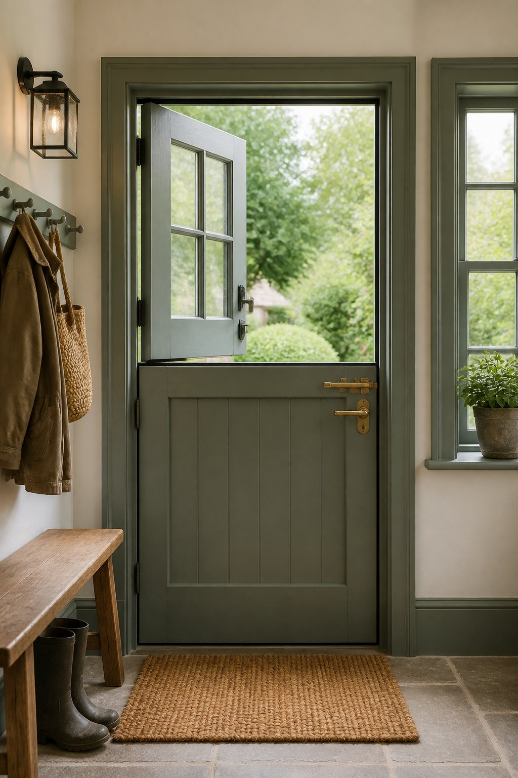 A bright mudroom with a gray-green Dutch door open to a garden, an oak bench, wall pegs, and a woven doormat.