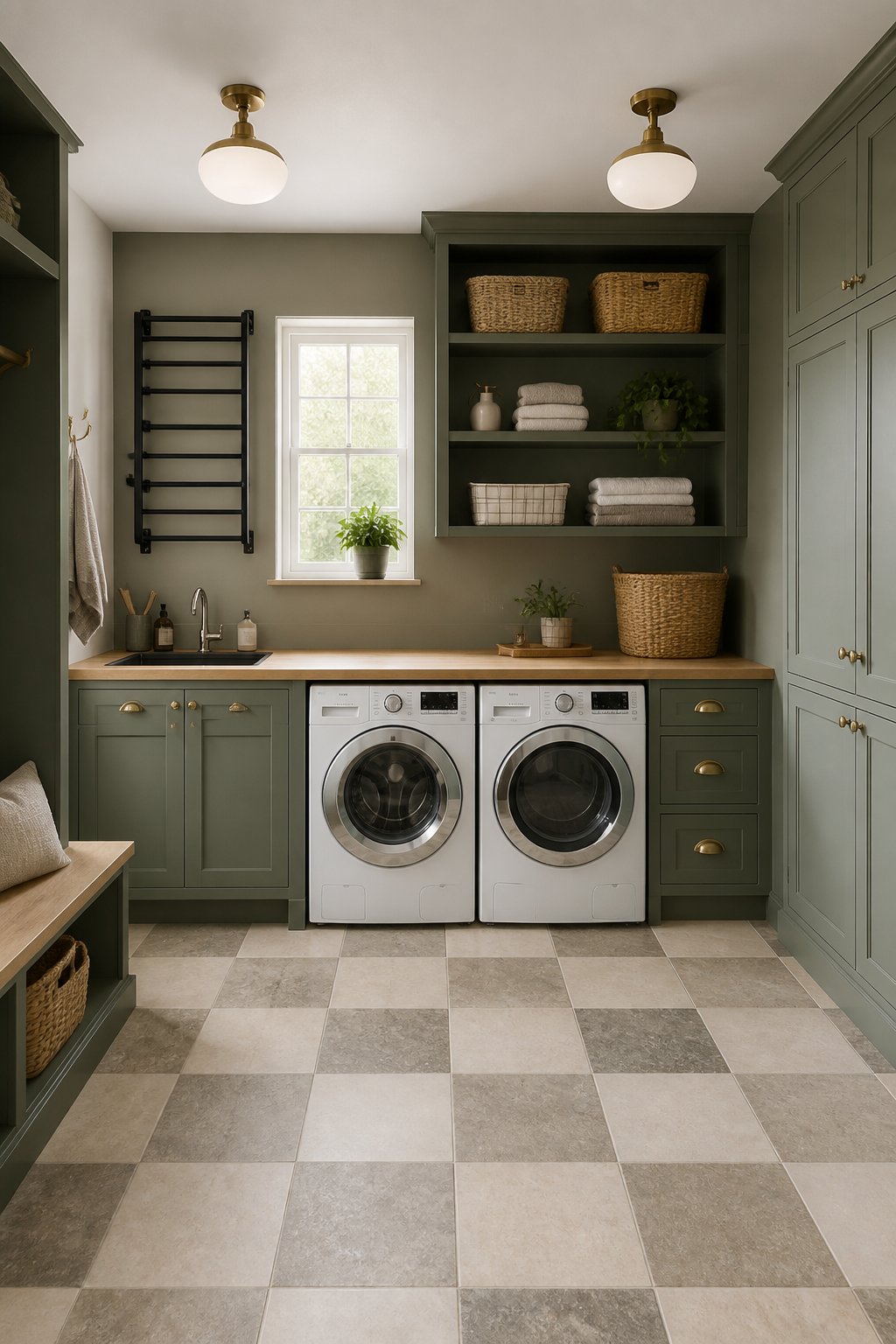 A combined laundry and mudroom with gray-green cabinetry, wood counters, white washer and dryer, a utility sink, woven hampers, wall drying rack, and checkerboard stone flooring.