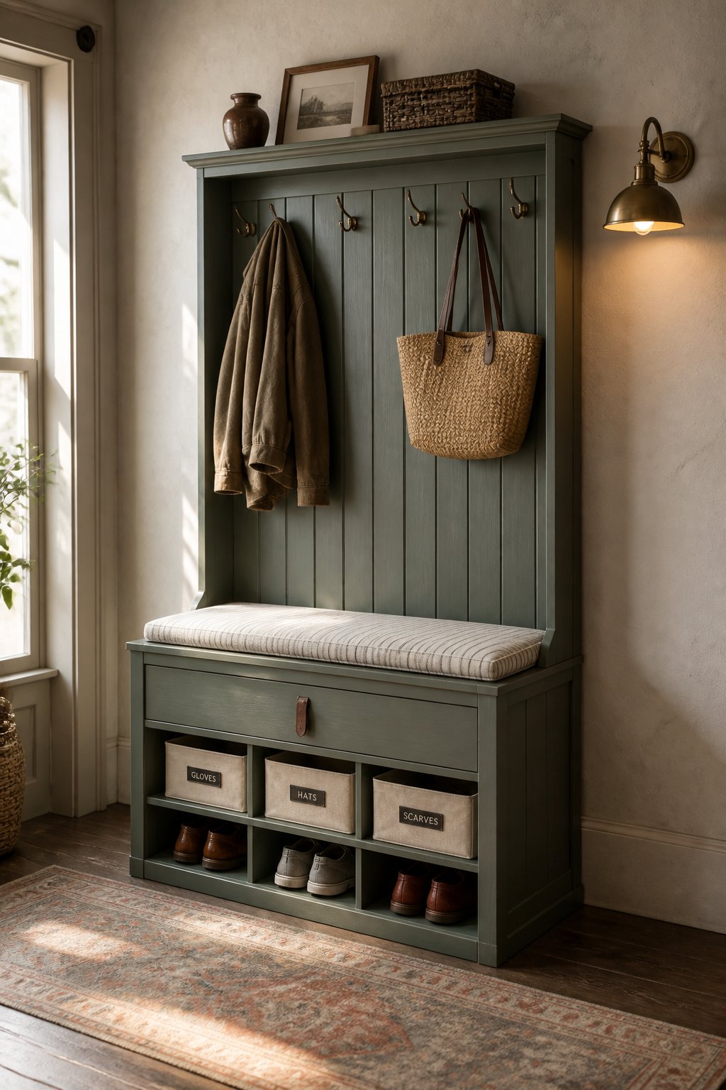 A freestanding gray-green hall tree with hooks, a bench, storage bins, and shoe cubbies stands against a pale entryway wall beside a runner and wall sconce.