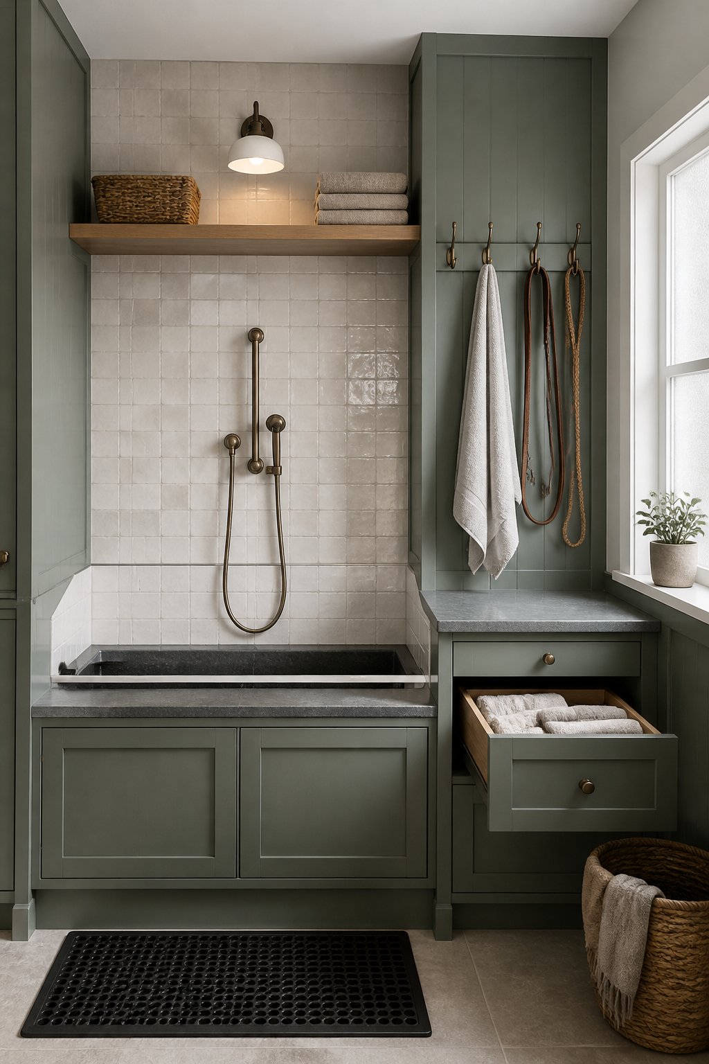A refined mudroom pet-wash station with gray-green cabinets, white tile, brass fixtures, folded towels, and a woven leash basket.