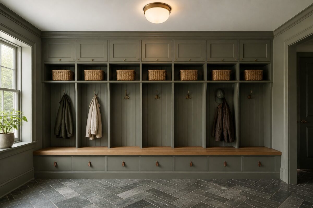 A mudroom with a wall of gray-green lockers, open cubbies, cabinets, a wooden bench, hooks, baskets, coats, and a slate herringbone floor.