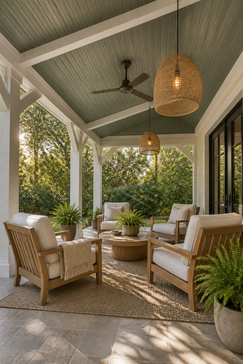 A covered patio with a gray-green wood ceiling, warm white beams, teak lounge chairs, pendant lights, a ceiling fan, and potted ferns in late-afternoon light.
