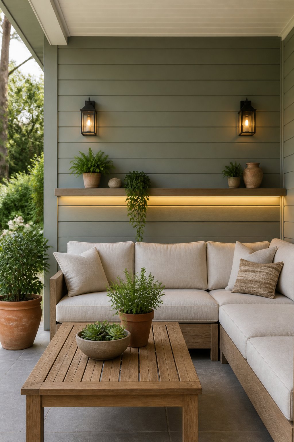 A covered patio lounge with a gray-green shiplap wall, oatmeal sectional, teak coffee table, planters, wall sconces, and an open garden side.