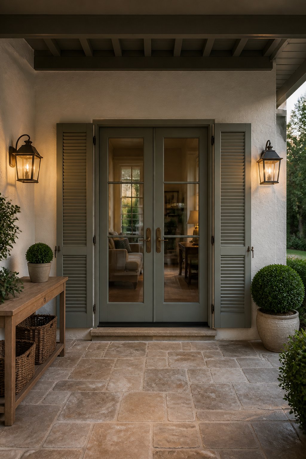French doors with gray-green shutters set in a stucco wall beneath a covered patio, lit by two wall lanterns and surrounded by plants and entry furnishings.