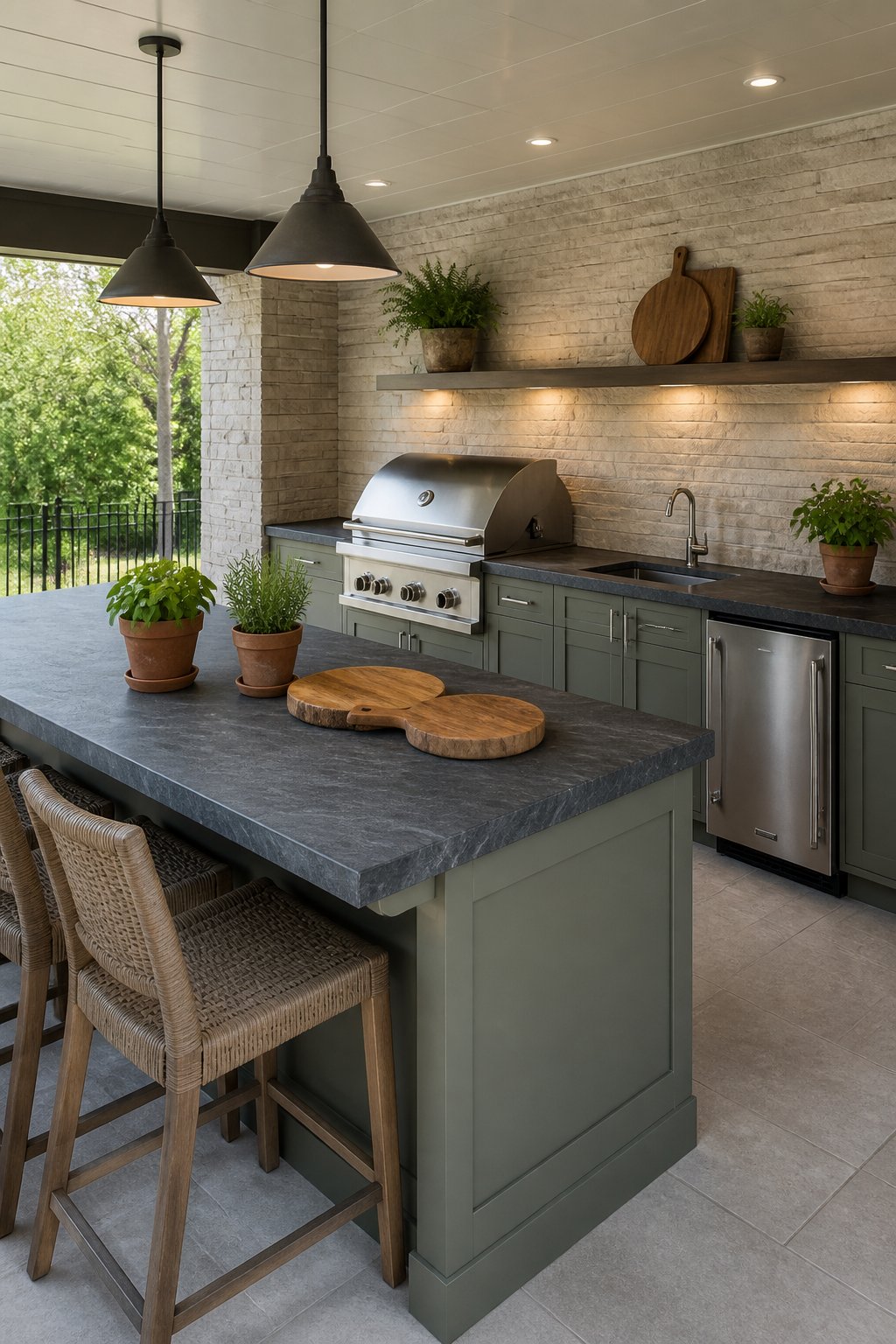 Covered patio kitchen with gray-green cabinets, stone counters, stainless appliances, stools, and potted herbs.
